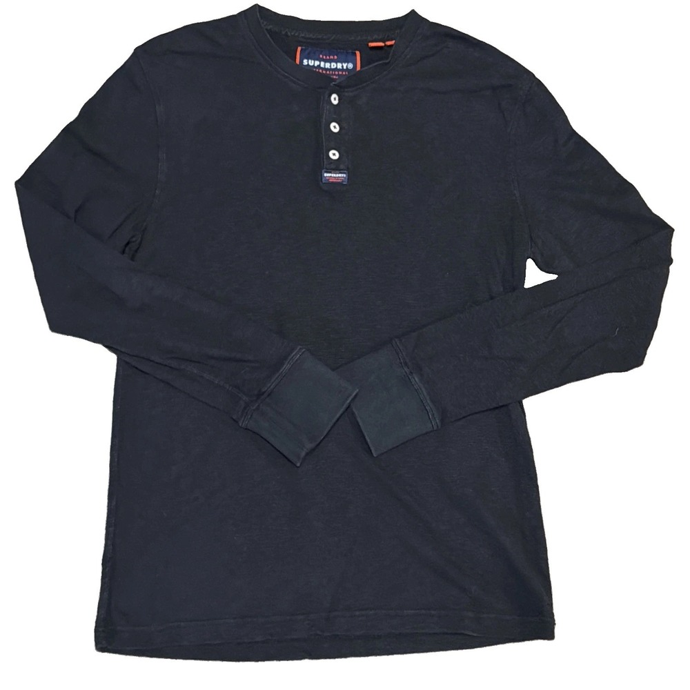 SUPERDRY Men's Athletic Fit Henley Black Long Sleeve XL 1/4 Button Up